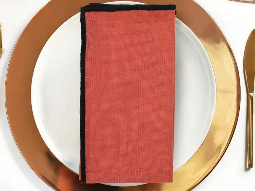 Set Van Tafellaken + 4 Servetten Van Linnen En Katoen - Zwarte Rand - Terracotta - 170 X 250 Cm - Borina