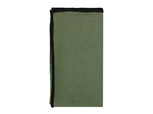 Set Van Tafellaken + 4 Servetten Van Linnen En Katoen - Zwarte Rand - Kaki - 170 X 300 Cm - Borina