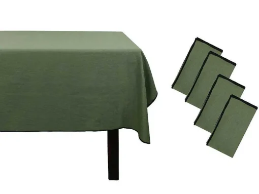 Set Van Tafellaken + 4 Servetten Van Linnen En Katoen - Zwarte Rand - Kaki - 170 X 300 Cm - Borina