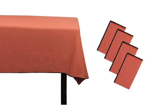 Set Van Tafellaken + 4 Servetten Van Linnen En Katoen - Zwarte Rand - Terracotta - 170 X 250 Cm - Borina
