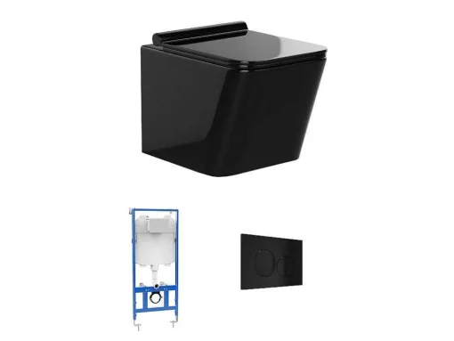 Set Voor Hang-Wc Van Glanzend Zwart Keramiek Met Voorwandsysteem En Ronde Bedieningsplaat - Clemona