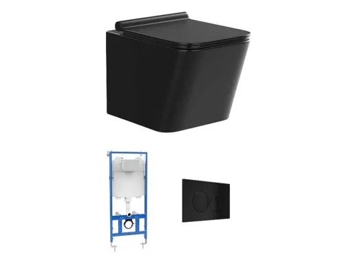Set Voor Hang-Wc Van Mat Zwart Keramiek Met Optie Voorwandsysteem En Ronde Bedieningsplaat - Clemona