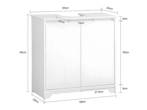 Sobuy Badkamer Onder Aanrecht, Onder Aanrecht, Onder Wastafel, Aanrecht, Gootsteen Afdekking Met 2 Deuren, 60X30X60 Cm, Wit, Bzr108-Ii-W