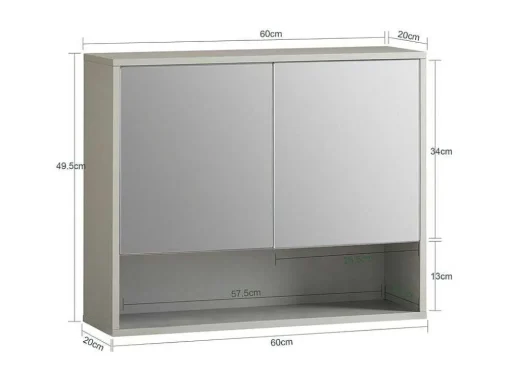 Sobuy Badkamerwandkast Met Spiegel, Wandgemonteerd Wastafelmeubel, Opbergkast Met 2 Deuren, Open Vak En Verstelbare Planken, 60 X 20 X 49,5 Cm, Grijs, Bzr134-Ng