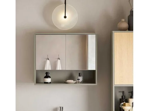 Sobuy Badkamerwandkast Met Spiegel, Wandgemonteerd Wastafelmeubel, Opbergkast Met 2 Deuren, Open Vak En Verstelbare Planken, 60 X 20 X 49,5 Cm, Grijs, Bzr134-Ng