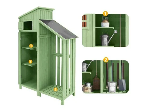 Sparrenhouten Tuinhuis - Gereedschapsschuur Met 2 Geintegreerde Planken - H 173 Cm - Waterdicht Pvc Dak - Groen
