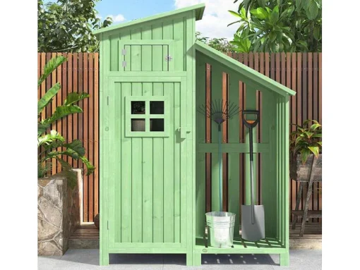 Sparrenhouten Tuinhuis - Gereedschapsschuur Met 2 Geintegreerde Planken - H 173 Cm - Waterdicht Pvc Dak - Groen