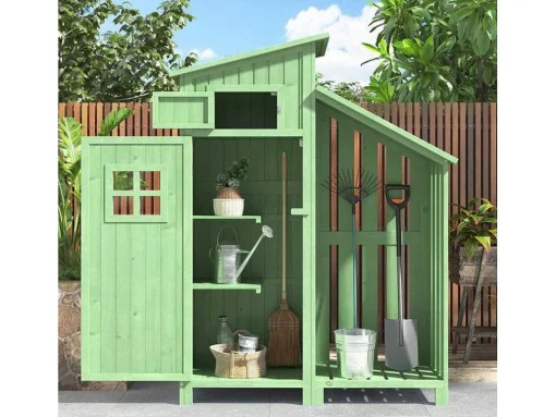 Sparrenhouten Tuinhuis - Gereedschapsschuur Met 2 Geintegreerde Planken - H 173 Cm - Waterdicht Pvc Dak - Groen