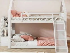 Stapelbed Voor Kinderen 140X200Cm - Met Opbergtrap En Glijbaan - Wit