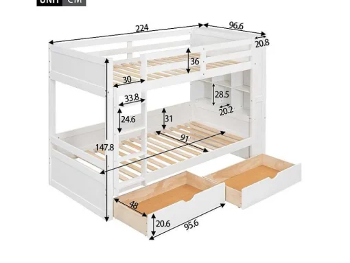 Stapelbedden 2 X 90 X 200 Cm Voor Kinderen - 2 Laden + 6 Vakken + Planken - Mdf Hout - Wit