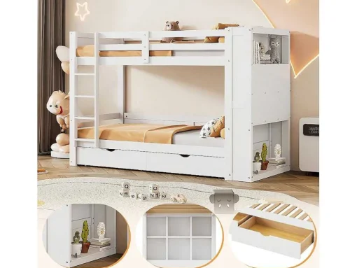 Stapelbedden 2 X 90 X 200 Cm Voor Kinderen - 2 Laden + 6 Vakken + Planken - Mdf Hout - Wit