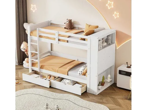 Stapelbedden 2 X 90 X 200 Cm Voor Kinderen - 2 Laden + 6 Vakken + Planken - Mdf Hout - Wit