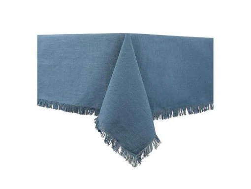 Tafelkleed + 4 Servetten Met Franjes - Katoen - Blauw - 140 X 240 Cm - Pola