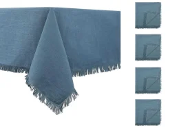 Tafelkleed + 4 Servetten Met Franjes - Katoen - Blauw - 140 X 240 Cm - Pola