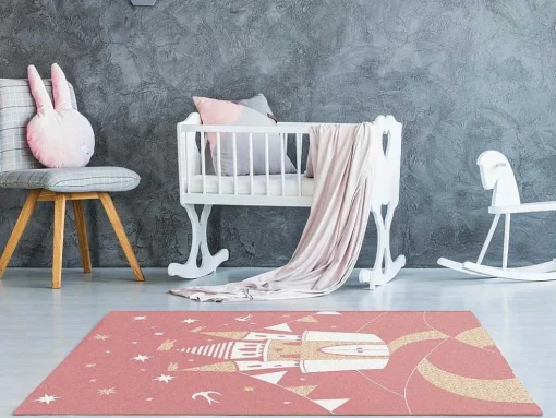 Tapijt Kinderen Sprookjeskasteel - Glanzende Lurex-Afwerking - 120 X 170 Cm - Roze En Goud - Princesia
