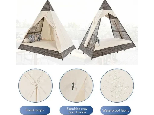Tuinbed - Rotan Tent Voor 2 Personen - Met Gordijn En Kussens - Grijs