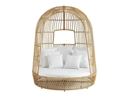 Tuinbed Met Baldakijn Van Gevlochten Hars - Licht Naturel Met Wit Kussen - Cervaro Van Mylia