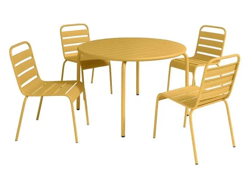 Tuineethoek Van Metaal - Een Tafel D110 Cm En 4 Opstapelbare Stoelen - Mosterdgeel - Mirmande Van Mylia