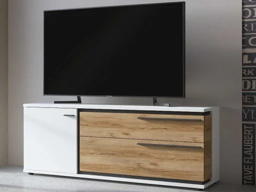 Tv-Meubel Met 1 Deur En 2 Laden - Naturel En Wit - Nisuka