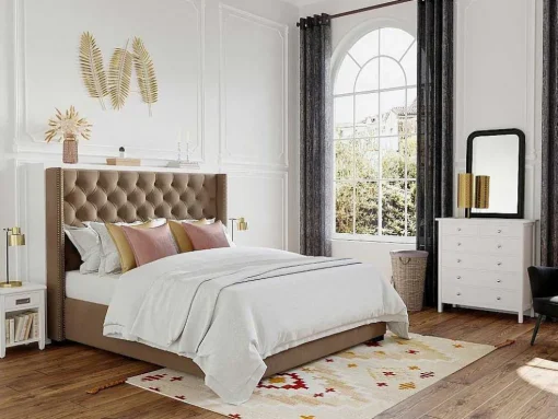 Tweepersoonsbed Massimo Gestoffeerd Met Capitons - 160 X 200 Cm - Beige - Stof