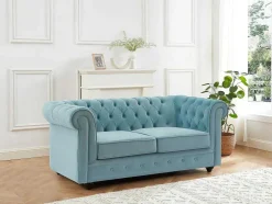 Tweezitsbank Van Pastelblauw Velours Chesterfield