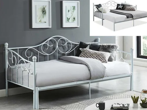 Uitschuifbare Bedbank Sebille - Metaal - 2 X 90 X 200 Cm Of 180 X 200 Cm - Wit - Optie Matras