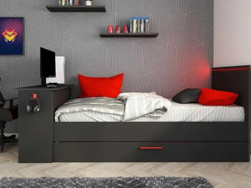 Uitschuifbed 90 X 200 En 90 X 190 Cm - Met Bureau - Ledverlichting - Antraciet En Rood + Matras + Bedbodem - Vouani
