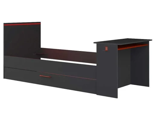 Uitschuifbed 90 X 200 En 90 X 190 Cm - Met Bureau - Ledverlichting - Antraciet En Rood + Matras + Bedbodem - Vouani