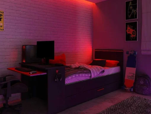 Uitschuifbed 90 X 200 En 90 X 190 Cm - Met Bureau - Ledverlichting - Antraciet En Rood + Matras + Bedbodem - Vouani