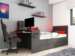 Uitschuifbed 90 X 200 En 90 X 190 Cm - Met Bureau - Ledverlichting - Antraciet En Rood + Matras + Bedbodem - Vouani
