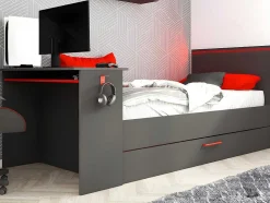 Uitschuifbed 90 X 200 En 90 X 190 Cm - Met Bureau - Ledverlichting - Antraciet En Rood + Matras + Bedbodem - Vouani