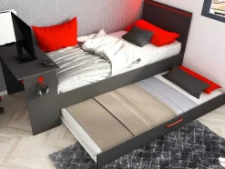 Uitschuifbed 90 X 200 En 90 X 190 Cm - Met Bureau - Ledverlichting - Antraciet En Rood + Matras + Bedbodem - Vouani