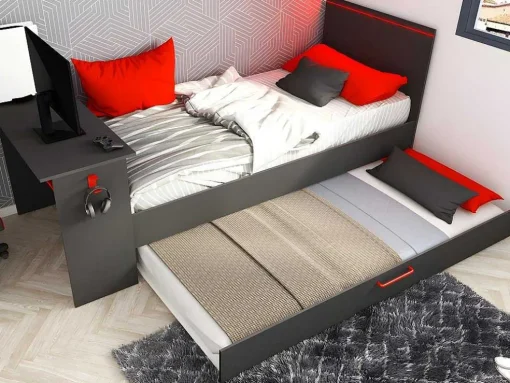 Uitschuifbed 90 X 200 En 90 X 190 Cm - Met Bureau - Ledverlichting - Antraciet En Rood + Matras + Bedbodem - Vouani