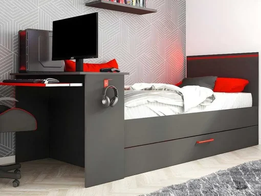 Uitschuifbed 90 X 200 En 90 X 190 Cm - Met Bureau - Ledverlichting - Antraciet En Rood + Matras + Bedbodem - Vouani