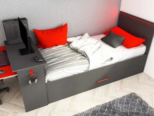 Uitschuifbed 90 X 200 En 90 X 190 Cm - Met Bureau - Ledverlichting - Antraciet En Rood + Matras + Bedbodem - Vouani