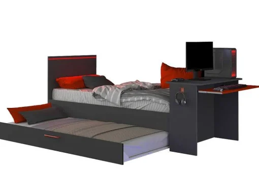 Uitschuifbed 90 X 200 En 90 X 190 Cm - Met Bureau - Ledverlichting - Antraciet En Rood + Matras + Bedbodem - Vouani