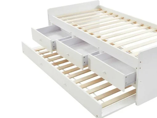 Uitschuifbed Titouan Met 3 Lades - Mdf En Dennenhout - Wit + Matras