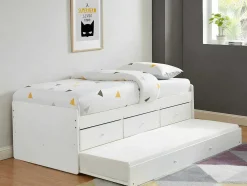 Uitschuifbed Titouan Met 3 Lades - Mdf En Dennenhout - Wit + Matras