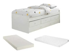 Uitschuifbed Titouan Met 3 Lades - Mdf En Dennenhout - Wit + Matras