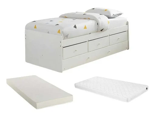Uitschuifbed Titouan Met 3 Lades - Mdf En Dennenhout - Wit + Matras
