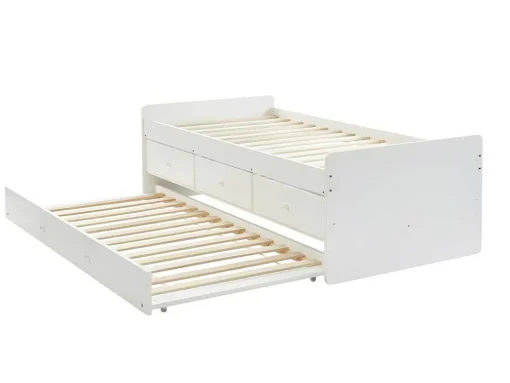 Uitschuifbed Titouan Met 3 Lades - Mdf En Dennenhout - Wit + Matras