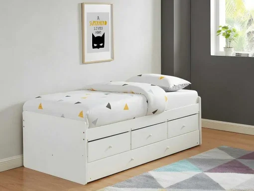 Uitschuifbed Titouan Met 3 Lades - Mdf En Dennenhout - Wit + Matras
