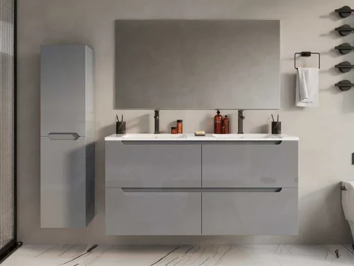Zwevend Wastafelmeubel Met Dubbel Inbouwbekken En Kast - Grijs - 120 Cm - Selita